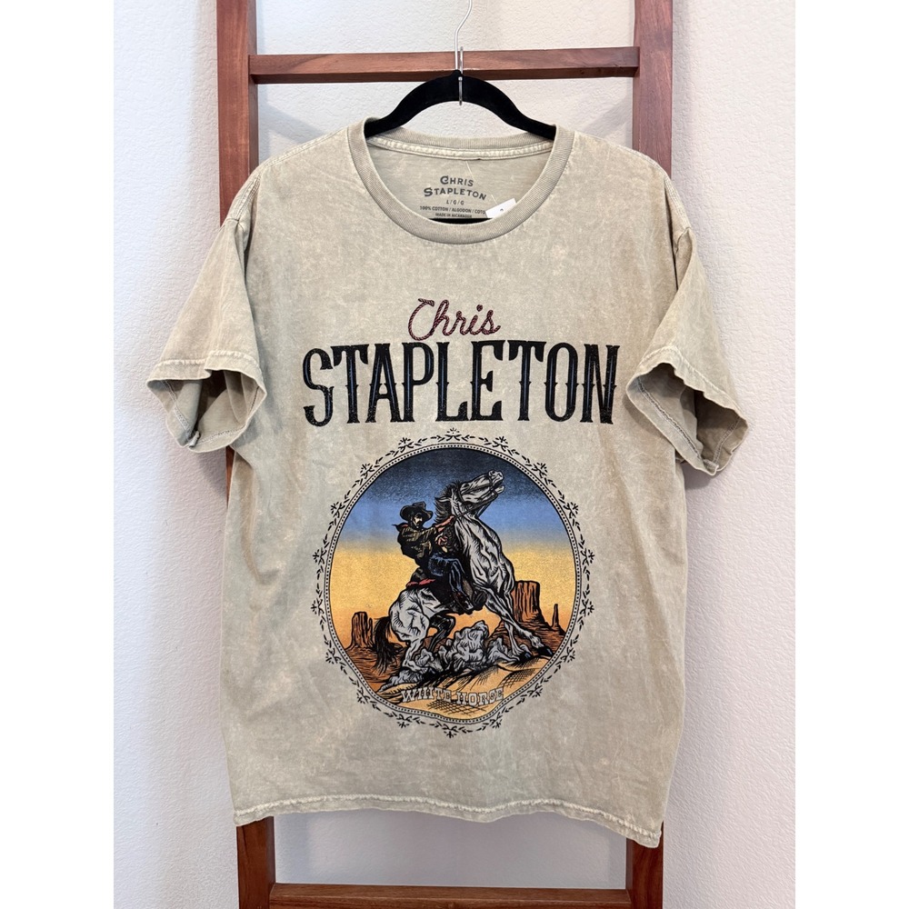 Chris Stapleton T-Shirt Mens Large Tan New White Horse Cowboy Graphic Acid Wash